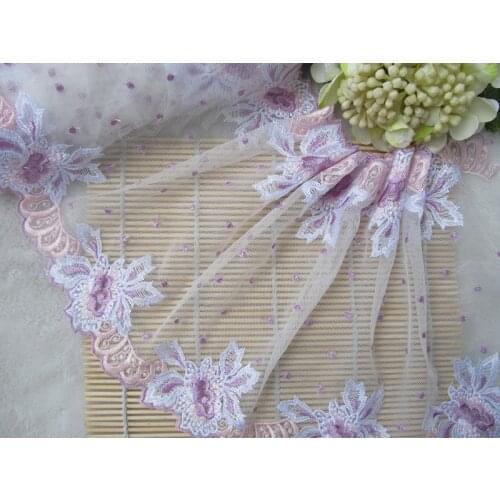 11Yards Bilateral Fabric Flower Light Purple Tulle Mesh Lace Trim Applique Sewing Craft For Bride Wedding Dresses 20cm Width