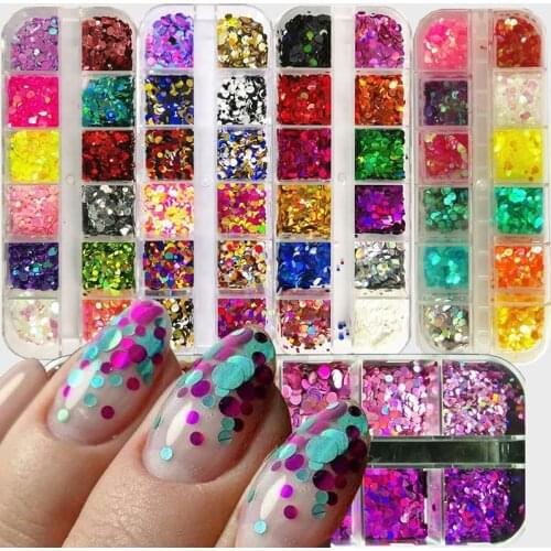 12 Grids/Set High Quality 12 Colors Mix 3 Sizes Glitter Laser Holographic Round Sequin Nail Art Slice Paillette Decals DIY TT12