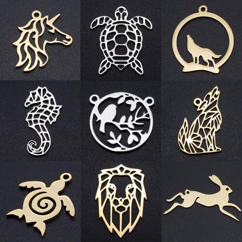 5pcs/lot Sea Horse Turtle DIY Charms Wholesale 100% Stainless Steel Rabbit Connectors Charm Elephant Wolf Bird Jewelry Pendant