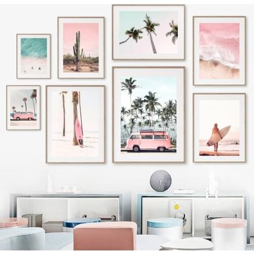 Car Coconut Tree Surfboard Beach Cactus Wall Art Canvas Painting Nordic Posters And Prints Wall Pictures For Living Room Decor