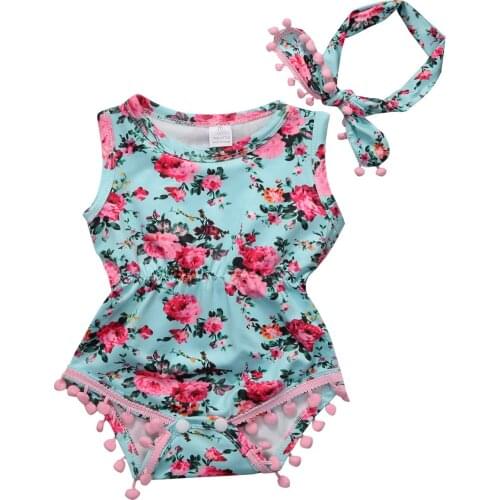 0-24M Babies Summer Adorable Bodysuit Newborn Baby Girls Sleeveless Floral Bodysuits Headband 2Pcs Sunsuit Outfits Clothes