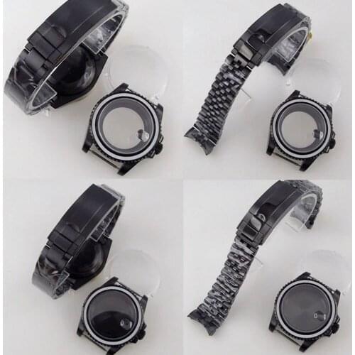 Black 40MM PVD SUB Watch Case fit NH35A MIYOTA 8215 Oyster Strap/Jubilee Seeing/Metal Back Sapphire Glass Rotating Bezel Ring