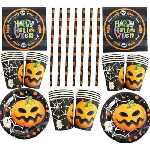 Halloween Theme Kids Favors Plates Happy Birthday Part Cups Glass Dishes Baby Shower Straws Napkins Tableware Set 80pcs/lot
