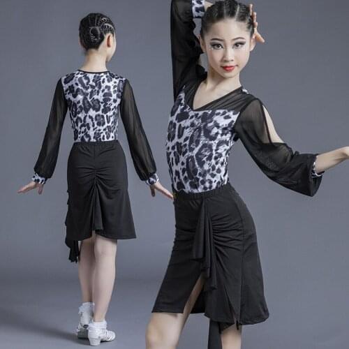 2021 Childrens Girls New Leopard Latin Dance Dress Practice Clothes Performance Clothing Latin Dance Dress Competition Costumes