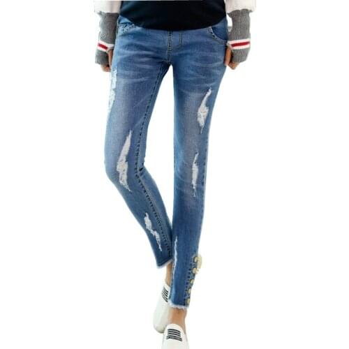 Hole Maternity Belly Jeans Waist Stretch Denim Button Pants Clothes for Pregnant Women Ventilate Pregnancy Pencil Trousers
