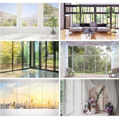 Laeacco White Chic House Room Interior French Window Scenery Green Plants Photography Backdrops Photo Backgrounds Photo Studio