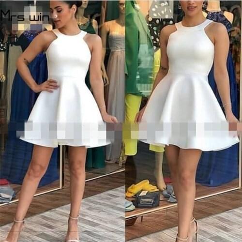 Mrs Win Cocktail Dresses White Halter Sleeveless Cocktail Dress Plus Size Short Elegant Party Gowns Robe Cocktail 2020 HR128