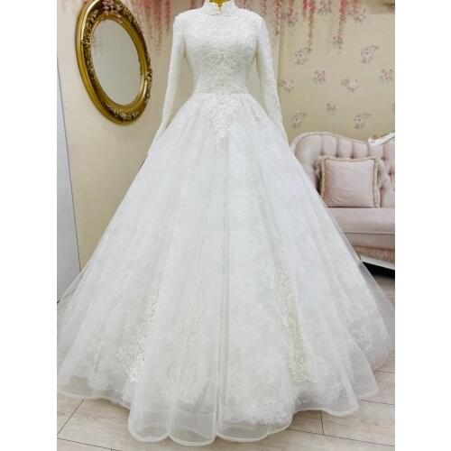 Lace Appliques Long Sleeve Muslim Wedding Dress for Bride 2021 High Neck Ball Gown Wedding Bridal Dresses Vestido De Novia