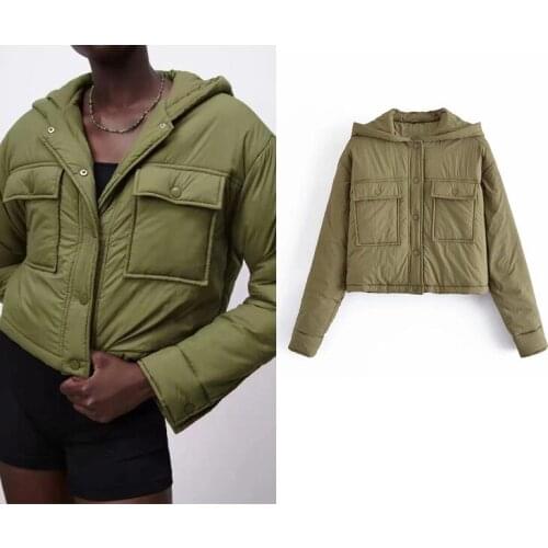 Hooded Cotton-padded Jacket Long-sleeved 2021 Autumn Winter Womens New Loose And Thin Pocket Solid Color Top