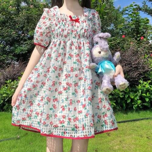 2021 Japanese Summer Women Lolita Style Mini Dress Square Collar Cute Printed Bow Preppy Dress Kawaii Girls Short-Sleeved Dress