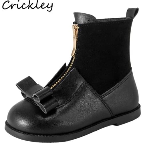 Fashion Kids Girls Boots Black Bow Pu Leather Martin Boots for Girls Golden Zipper Winter Warm Plush Ankle Boots Children Boots