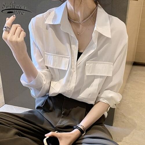 Fashion Plus Size Single Breasted Shirts Women Long Sleeve Women Shirts Solid Loose All-match Simple White Women Blouse 11451