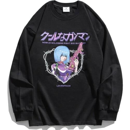 Men Sweatshirt Japanese Cool Girl Comics Kanji Print Thin Pullover O-Neck Fashion Harajuku High Street Oversized Hoodie