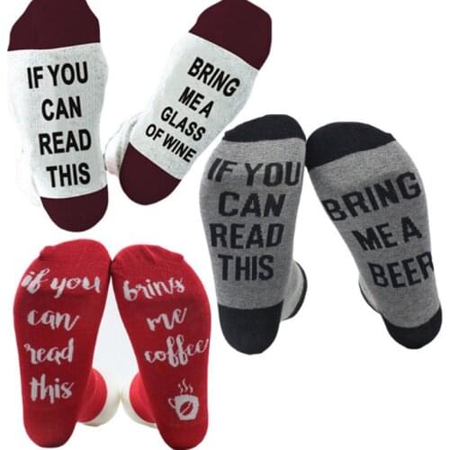 Women Men Funny Ankle Socks Letter Print If You can read this Bring Me Wine Coffee Beer autumn spring fall Dobby Christmas Socks