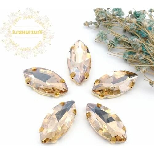 New product Horse eye Champagne Crystal Glass Sewing Rhinestones with gold Claw DIY Wedding Dresses