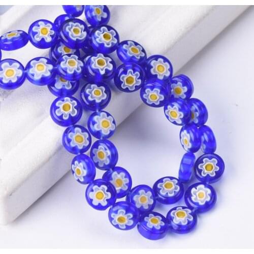 50pcs 8mm Flat Round Deep Blue & Yellow Flower Patterns Millefiori Glass Loose Crafts Beads lot for DIY Jewelry Making Findings