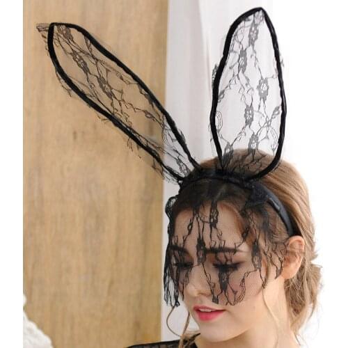 Hairband moda Halloween Party Lace Long Ear Hoop Rabbit Ear Veil Prom Lingerie Accessories night bar headdress women party Black