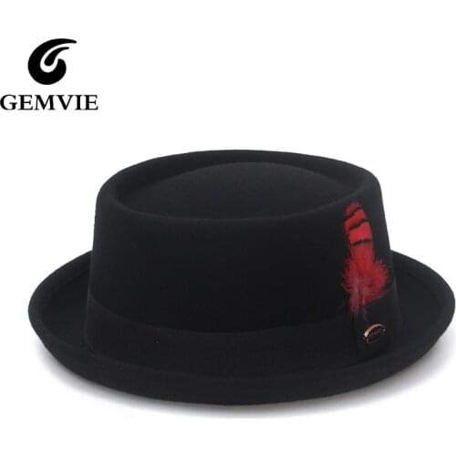 GEMVIE 100% Wool Felt Crushable Men Women Porkpie Fedora Hat Short Brim Autumn Winter Pork Pie Hat Striped Feather Band