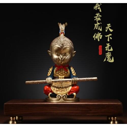 Asan Chinese Traditional Pure Copper Brass Color Art Monkey King Statue Cute Mini Size Home Office Decor Gift