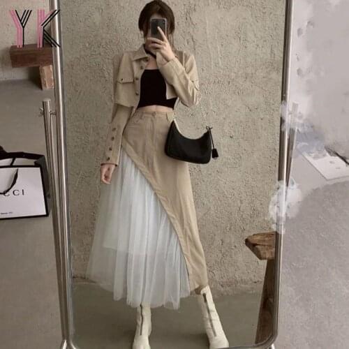 Fashion Women Long Skirts Women Chains Short Jacket Patchwork Tulle Skirts 2 Pieces Skirt Suit Female Office Ladies Blazer Suits