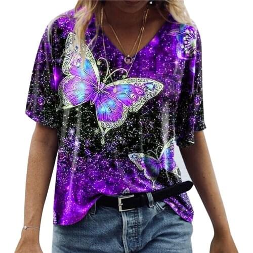 Women Summer Print T-Shirt Female Casual Tees V-Neck Half Sleeve Loose Butterfly Print Blouse Women Short Sleeve Tops