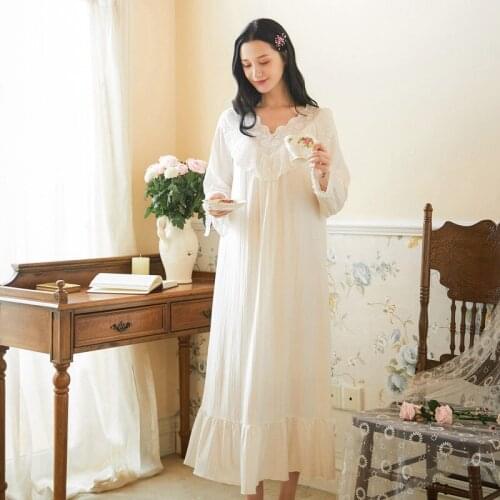 Long Sleeve Nightdress Womens Autumn Long Dress Retro Sweet Princess Loose Large Home Clothes Jacquard Cotton Long Sleep Tops