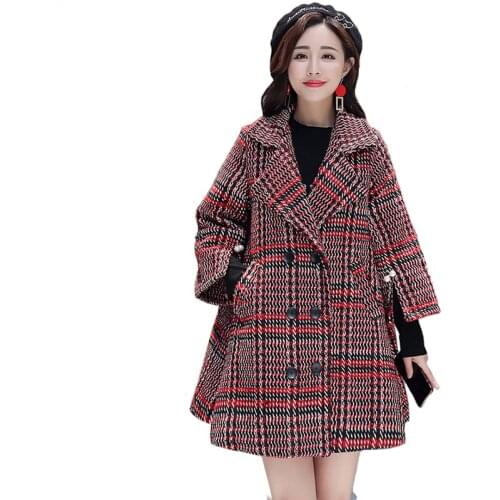 2019 Autumn winter womens plaid woolen coat Thicken folder cotton warm jacket Plus size Slim female woolen coat Basic coat N297