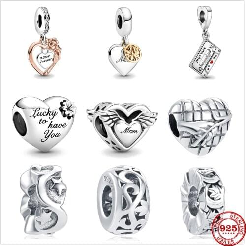 New 925 Sterling Silver Angel Wings Mum Heart Clover Rose Flower Charm bead Fit Original Pandora Bracelet DIY Jewelry For Women