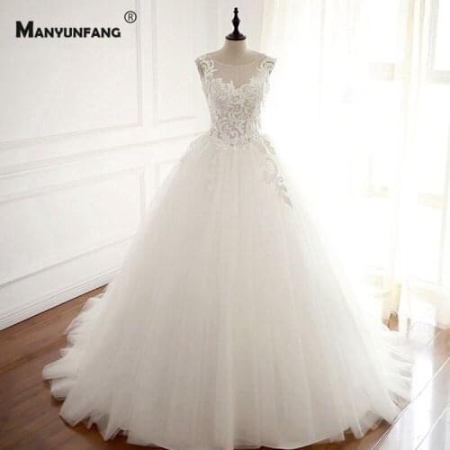 2021 New Arrival Backless O-Neck Bridal Ball Gown Elegant Chapel Train Embroidery Appliques Tulle Sleeveless Wedding Dress