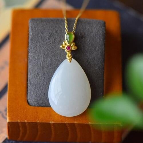Hetian Jade Necklace Female Silver Plated Gold Inlaid with Jade Pendant Hetian Jade Jue Suet Drop-Shaped Womens Jade Pendant Wo