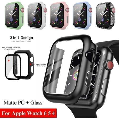 2 in 1 Ultra Thin Full Cover Matte PC Watch Case with Tempered Glass Screen Protector for Apple Watch Series 6 5 4 iWatch 40 44m
