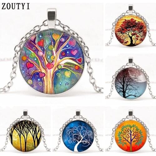 2019 / hot sale retro life tree glass pendant necklace, crystal inlaid pendant necklace, ladies men wear jewelry gifts