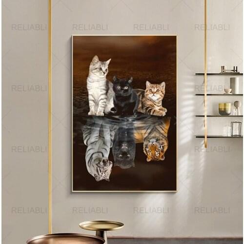 Abstract Cute Animal Cats Reflection Water Tiger Poster Canvas Painting Modern Wall Picture for Kids Room Nursery Decor Cuadros