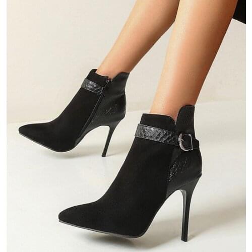 Big Size 34-48 Stiletto Heels Women Boots Pointed Toe Flock Ladies Shoes Snake Print Autumn Zip Footwear Sexy Buckle Ankle Boots