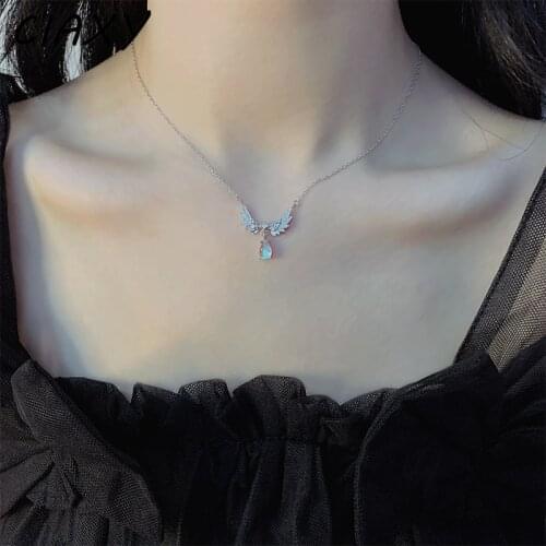 CIAXY 925 Sterling Silver Inlaid Zircon Angel Wings Necklaces for Women Clavicle Chain Moonstone Pendant Choker Luxury Jewelry