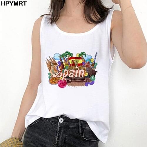 Women Fashion Fun Spain Graphics Printed New Summer Sleeveless Tees Female Clothes Tank Tops Tee Fashion Harajuku Sexy Vest Top