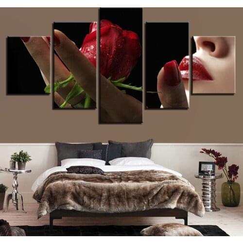 HD Printed Wedding Decoration Painting Picture Modern Framework For Living Room 5 Panel Red Rose Flower High Quanlity Canvas