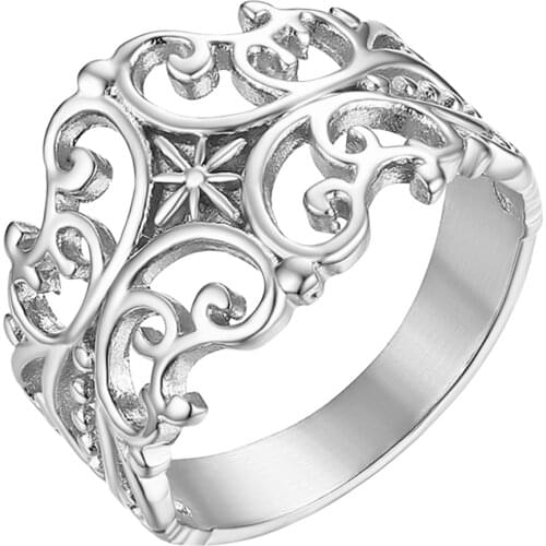 BONISKISS 2020 Vintage Palace Style Hollow Design Men and Women Stainless Steel Ring Gold Silver Color Engagement Ring