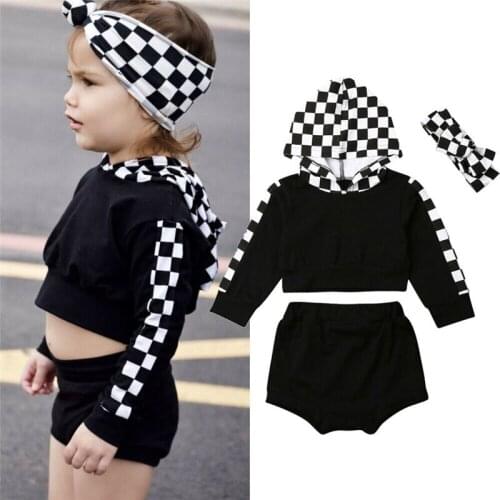 2019 Spring Autumn Baby Girl Clothes Toddler Girl Suits Plaid Hooded Tops+Shorts Outfit Kids Clothes For Baby Girls Clothing Set