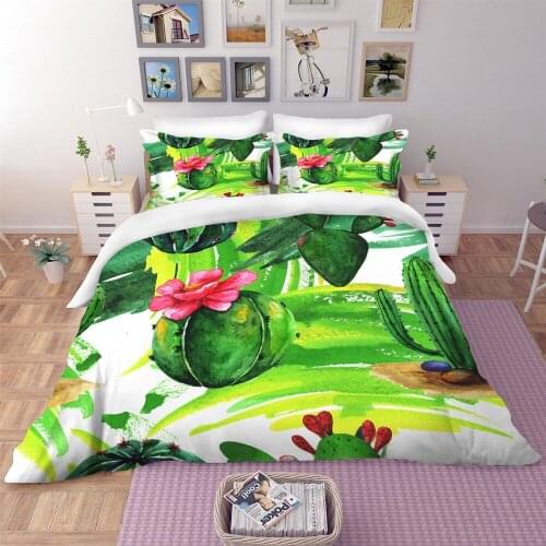 Lovely Green Cactus Potted Printed Bedding Set with 100% Microfiber Duvet Cover Pillow for Home Decoration Bedding Set