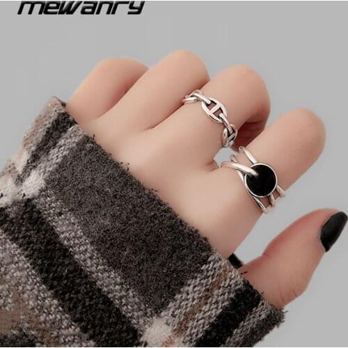 MEWANRY 925 Sterling Silver Rings for Women New Fashion Vintage Multi Layer Hollow Black Geometric Thai Silver Party Jewelry