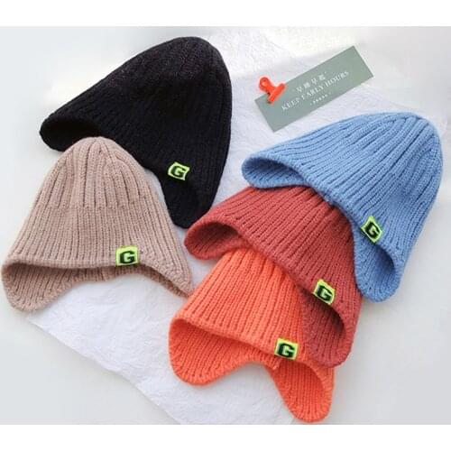 Autumn Winter Solid Color Baby Earcuff Hats Soft Warm Kids Girls Boys Knitted Hat Children Beanies Caps