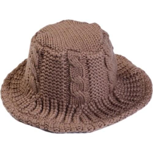 Women Winter Cable Knit Bucket Hat Twist Pattern Simple Solid Color Wide Brim Floppy Sunscreen Warm Panama Fisherman Cap