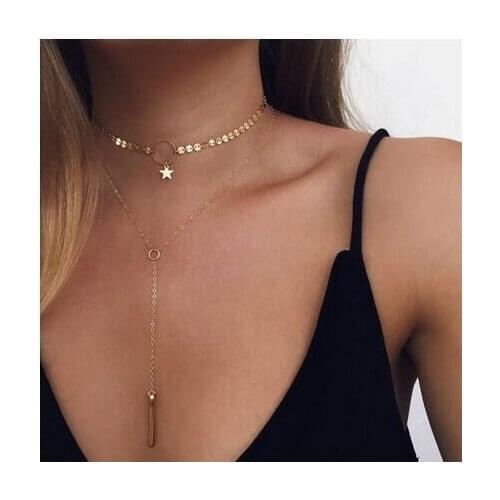 Simple Vintage Double-layer Copper Geometric Sequins Star Tassel Clavicle Necklace Sexy Jewelry Pendant Necklace for women