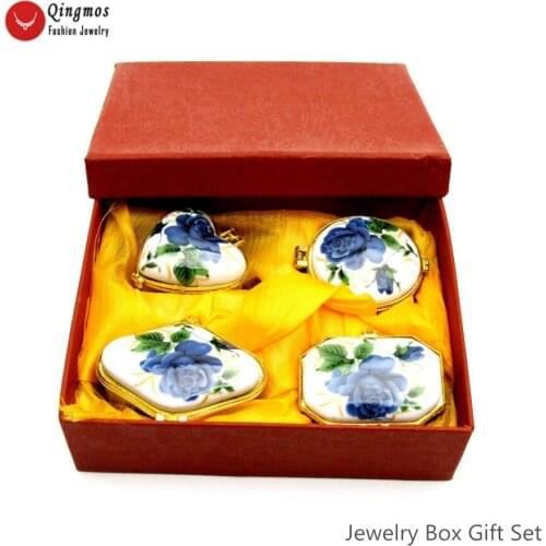 Qingmos 1 Set (4 PCS) Blue China Ceramics Multi Purpose Box for Jewelry Displays with Jewelry Box 1.5" Gift Set Porcelain Box