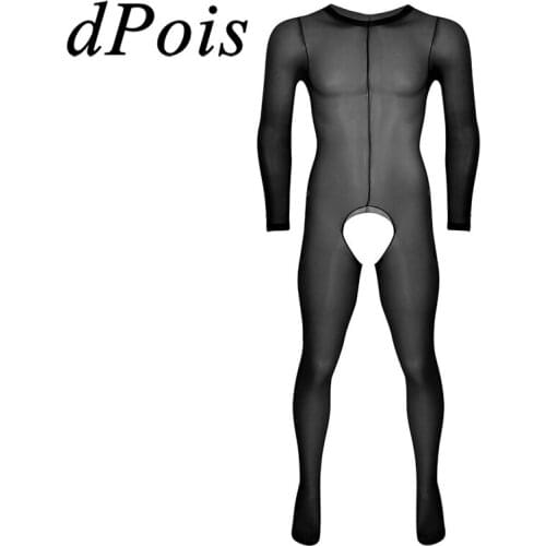 Sexy Mens Crotchless Stocking See Through Sheer Lingerie Long Sleeve Footed Stretchy Tights Male Full Body Pantyhose Stocking