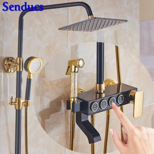 Senducs Space Aluminum Bathroom Shower Set Black Gold Bathtub Shower System Quality Aluminum Bathroom Hot Cold Shower Faucet