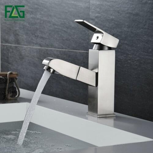 FLG Basin Faucet Deck Mounted Bathroom Faucets Brushed Nickel Pull Out Vanity Sink Cold and Hot Water Tap 601A-N