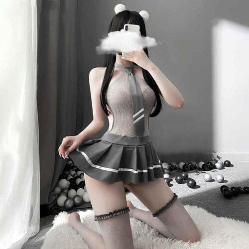 Sexy Lingerie Sweet And Cool School Girl Net Dress Waist Side Oval Hollow Suit Student Pleated Skirt Uniform Stockings Cosplay