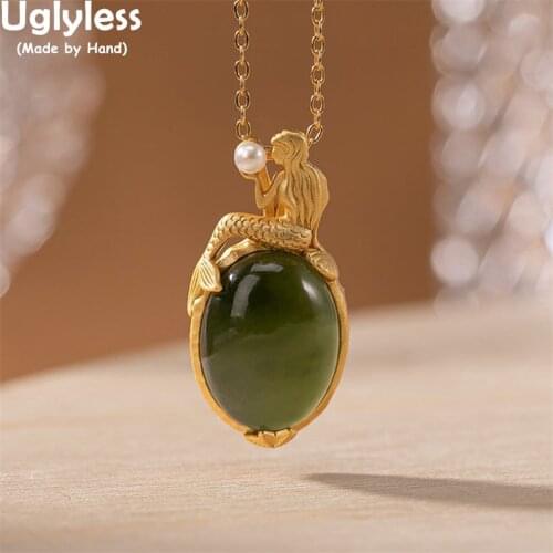 Uglyless Daughter of Sea Mermaid Necklaces for Women Handmade Half Figure Half Fish Pendants +Chain Jade Pearls Fairy Tale Gifts